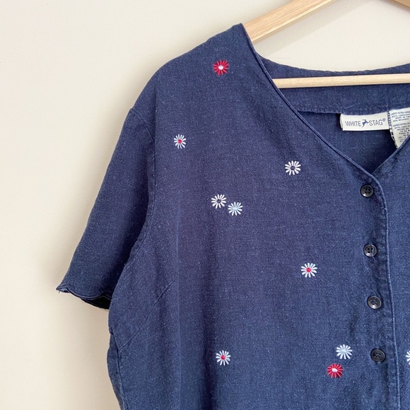 White Stag Navy Scalloped Hem Floral Embroidered Blouse - Picture 4 of 6